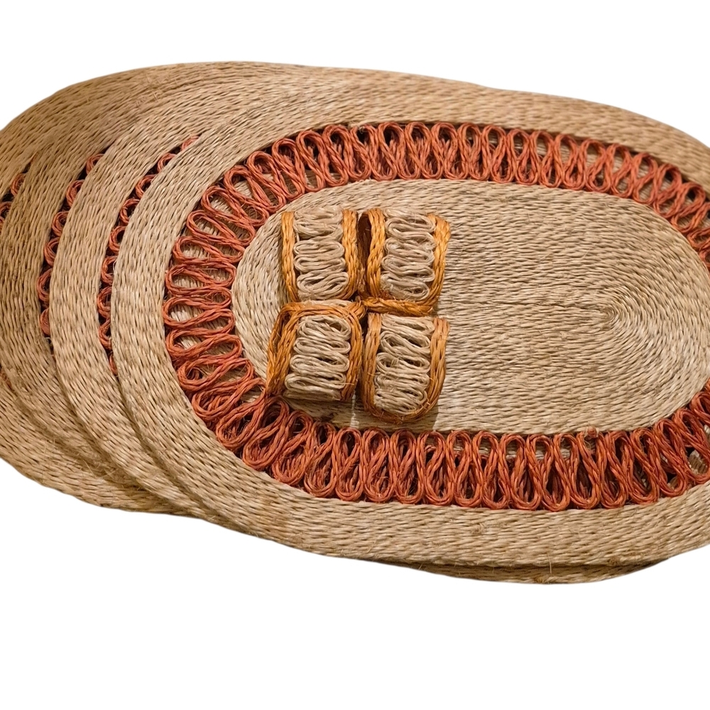 4 VTG Oval Rattan Place Mats & Matching Napkin Ring Holders Orange/Rattan Color